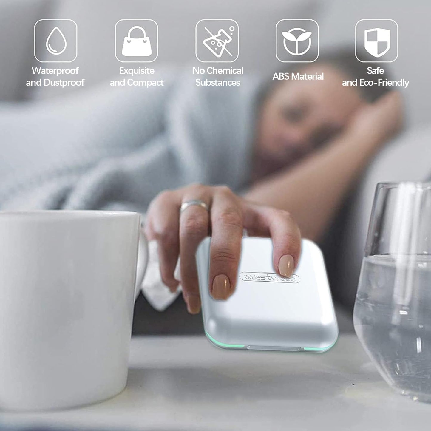 Lifestyle shot of compact UNTIOR pill organizer, exquisite pocket-sized design for home, office, travel and daily on-the-go supplement storage