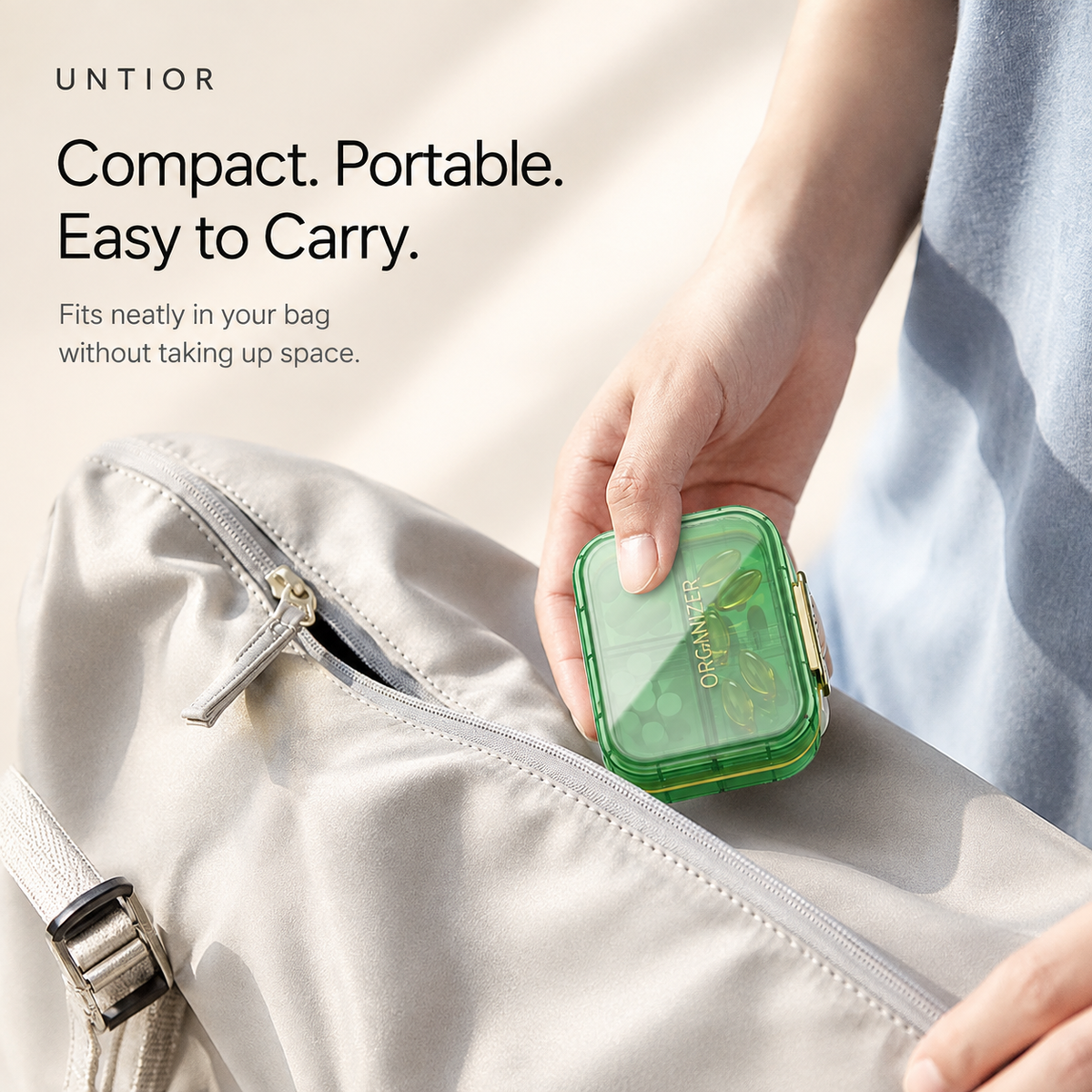 UNTIOR compact green pill organizer being placed into a travel bag, designed for convenient everyday and on-the-go storage.