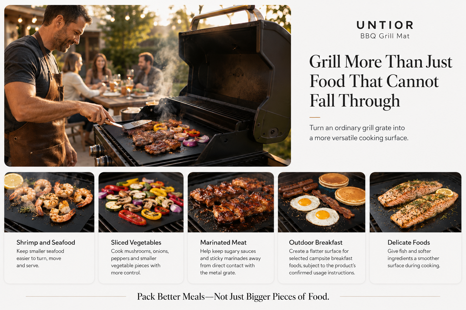 UNTIOR black PTFE BBQ grill mat used for shrimp, sliced vegetables, marinated meat, outdoor breakfast foods and delicate fish at a backyard barbecue