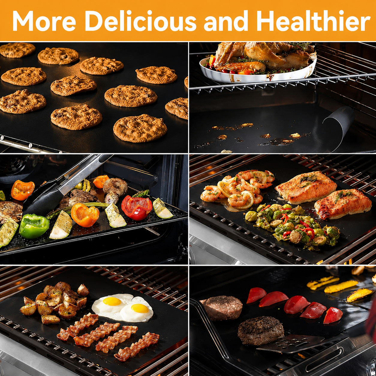 Cookies, roasted food, vegetables, salmon, eggs, bacon and burgers cooked on black non-stick grill mats