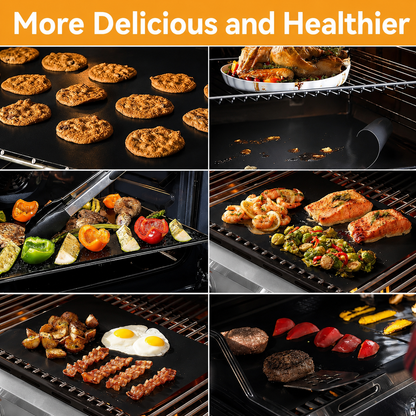 Cookies, roasted food, vegetables, salmon, eggs, bacon and burgers cooked on black non-stick grill mats