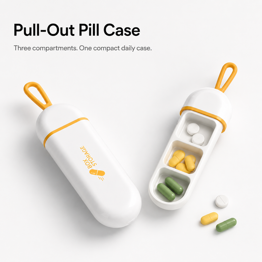 UNTIOR pull-out pill case with one closed case and one open 3-compartment tray for daily tablets, vitamins, and supplements.