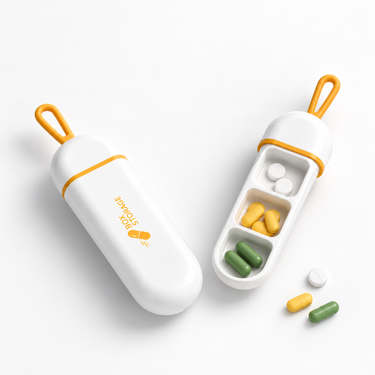 UNTIOR pull-out pill case with one closed case and one open 3-compartment tray for daily tablets, vitamins, and supplements.