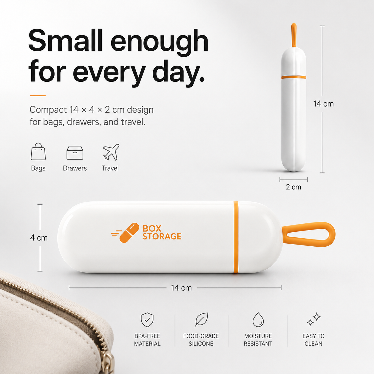 UNTIOR pull-out pill case size guide showing compact 14 x 4 x 2 cm design for bags, drawers, and travel pouches.