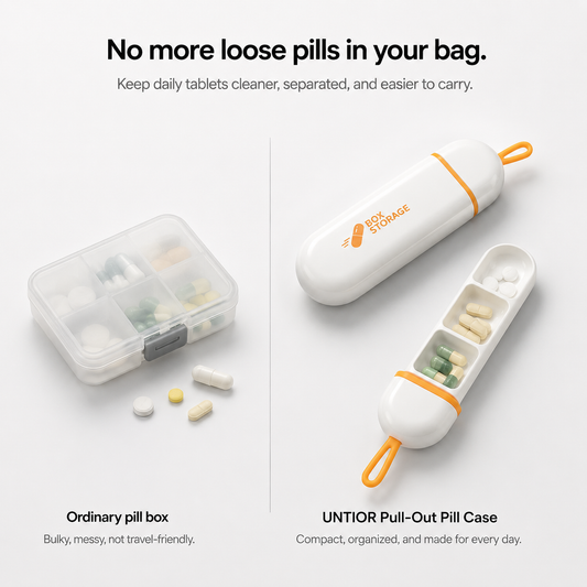 Comparison of an ordinary bulky pill box and the UNTIOR pull-out pill case, showing cleaner separated daily tablet storage for bags and travel.