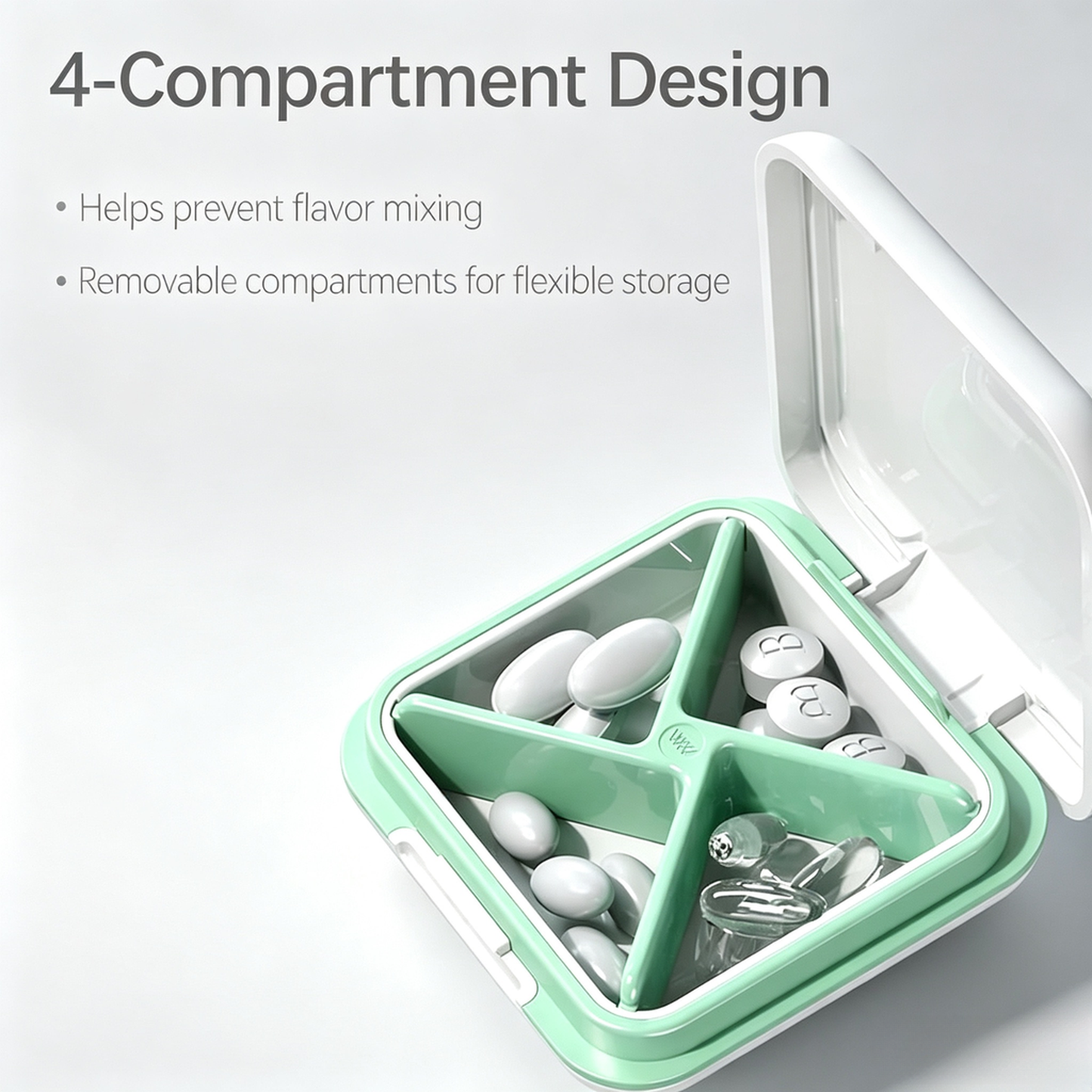 UNTIOR mint green pill box with removable 4 separate compartments, flexible storage avoids cross-contamination of different supplements