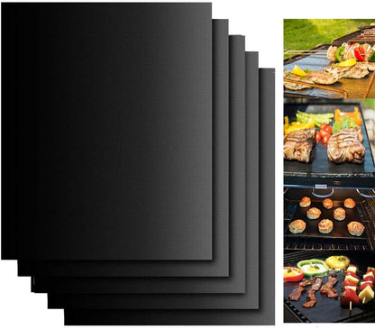 Set of black reusable UNTIOR Teflon grill mats shown with grilling, baking and oven-liner cooking applications