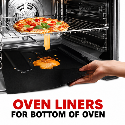 UNTIOR reusable Teflon oven liner positioned below the cooking rack to help catch melted cheese, grease, crumbs and food drips.