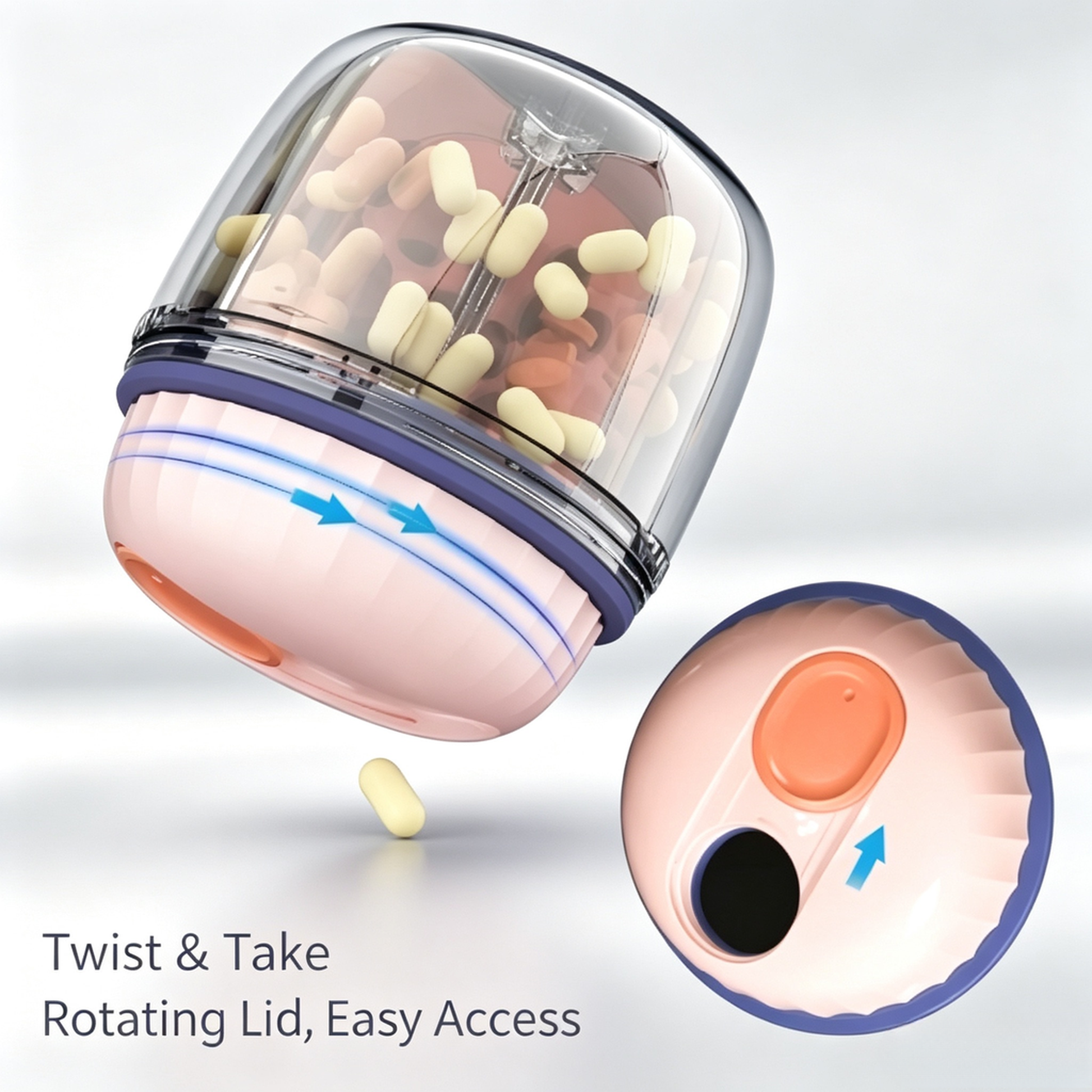 UNTIOR twist & take pill dispenser, rotating lid for easy one-hand medication access
