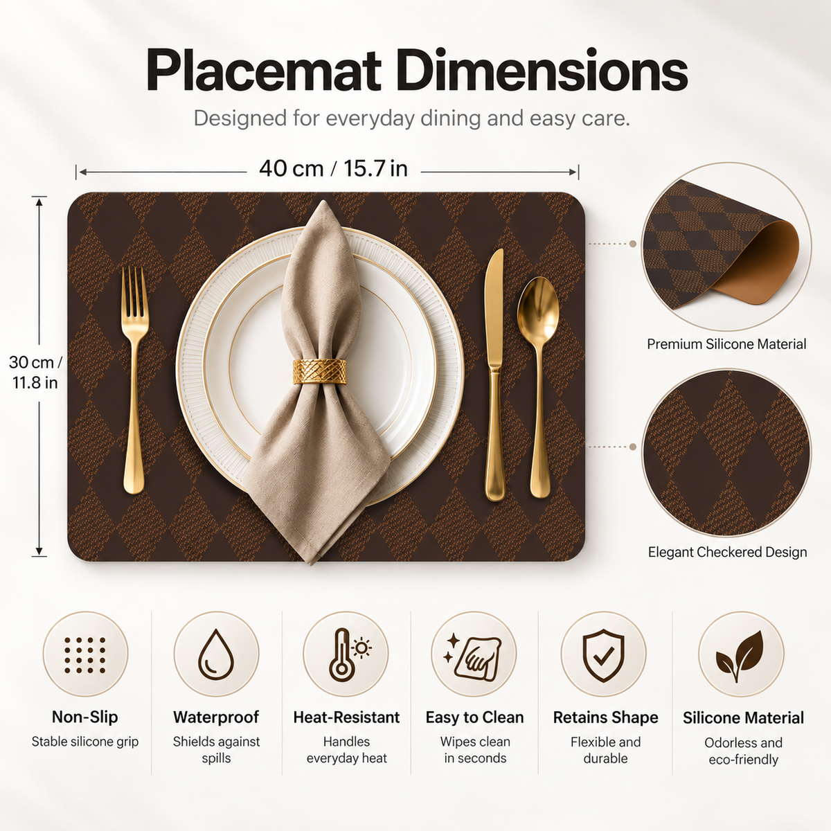 Brown silicone placemat size guide showing 30 x 40 cm or 11.8 x 15.7 in with rounded corners and flexible material.