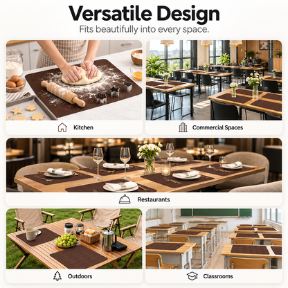 Brown silicone placemats used in kitchen, restaurant, outdoor, commercial and classroom settings.