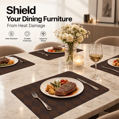 Brown silicone placemats protecting a dining table beneath hot dinner plates in an elegant dining setting.