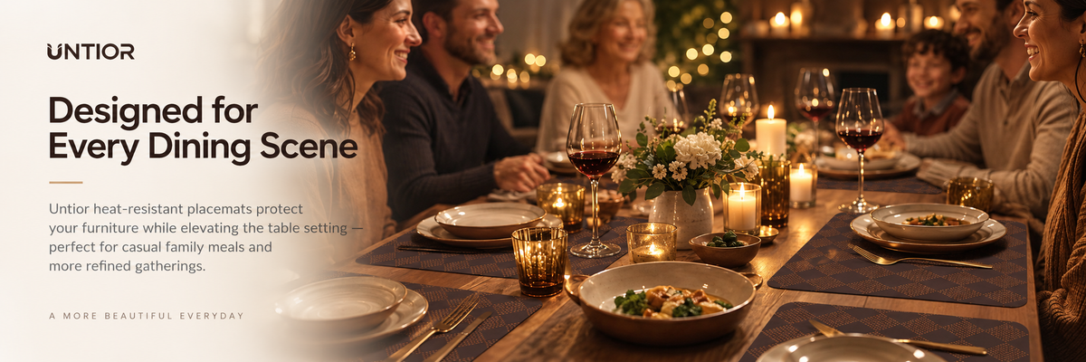 UNTIOR brown silicone placemats used in a warm family dining scene, protecting the table while creating an elegant everyday place setting.