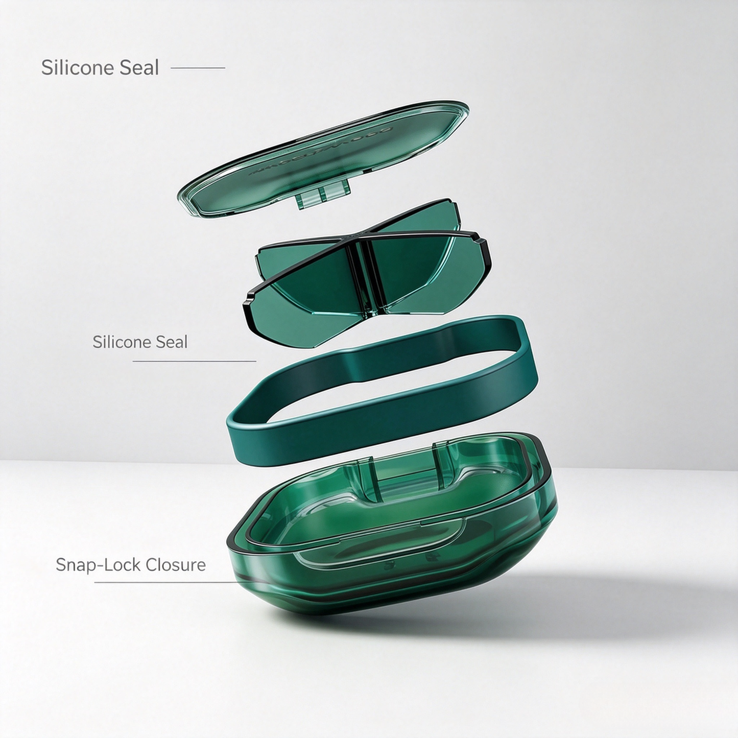 Exploded view of UNTIOR pill case with full surrounding silicone seal, snap-lock closure structure for reliable moisture-proof sealing