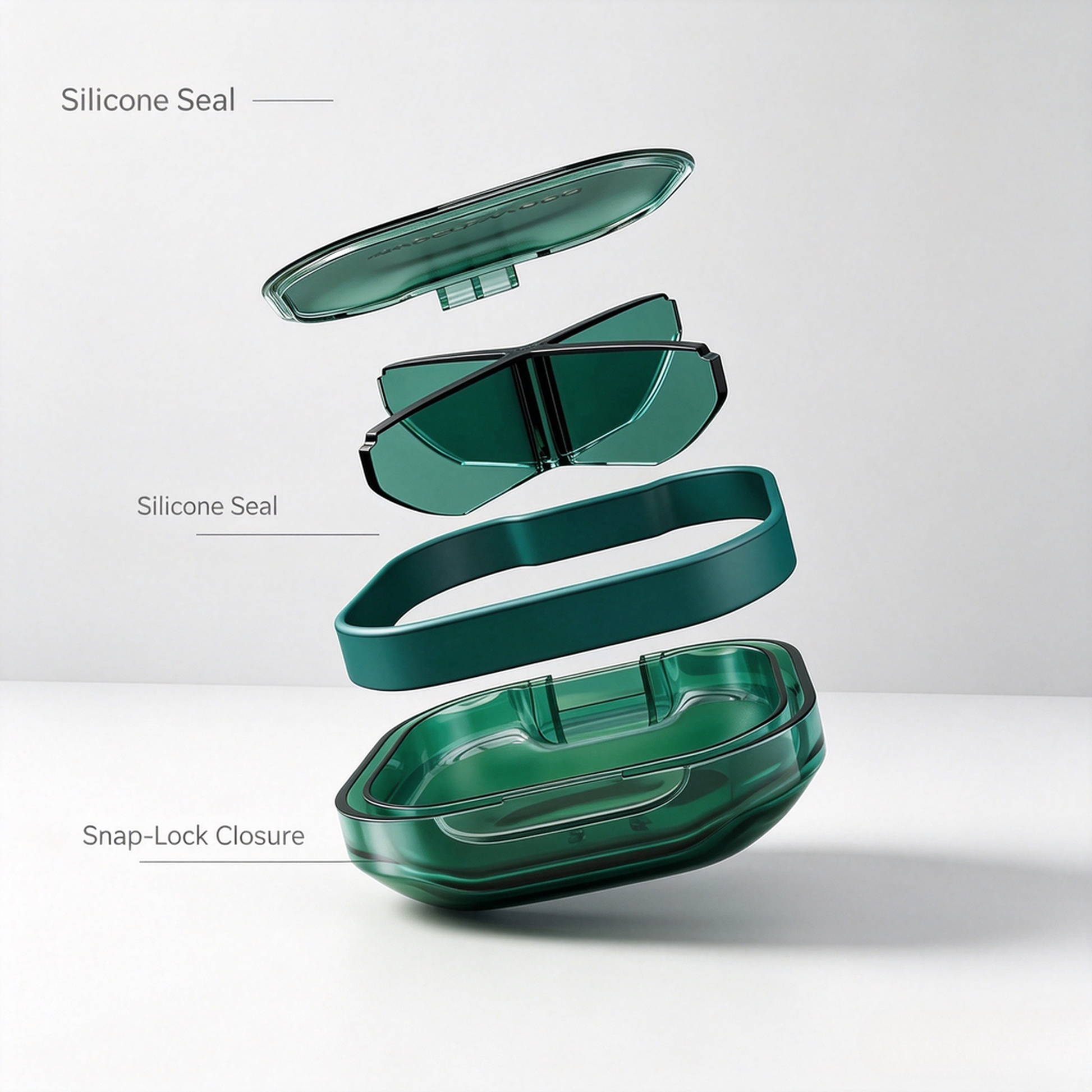 Exploded view of UNTIOR pill case with full surrounding silicone seal, snap-lock closure structure for reliable moisture-proof sealing
