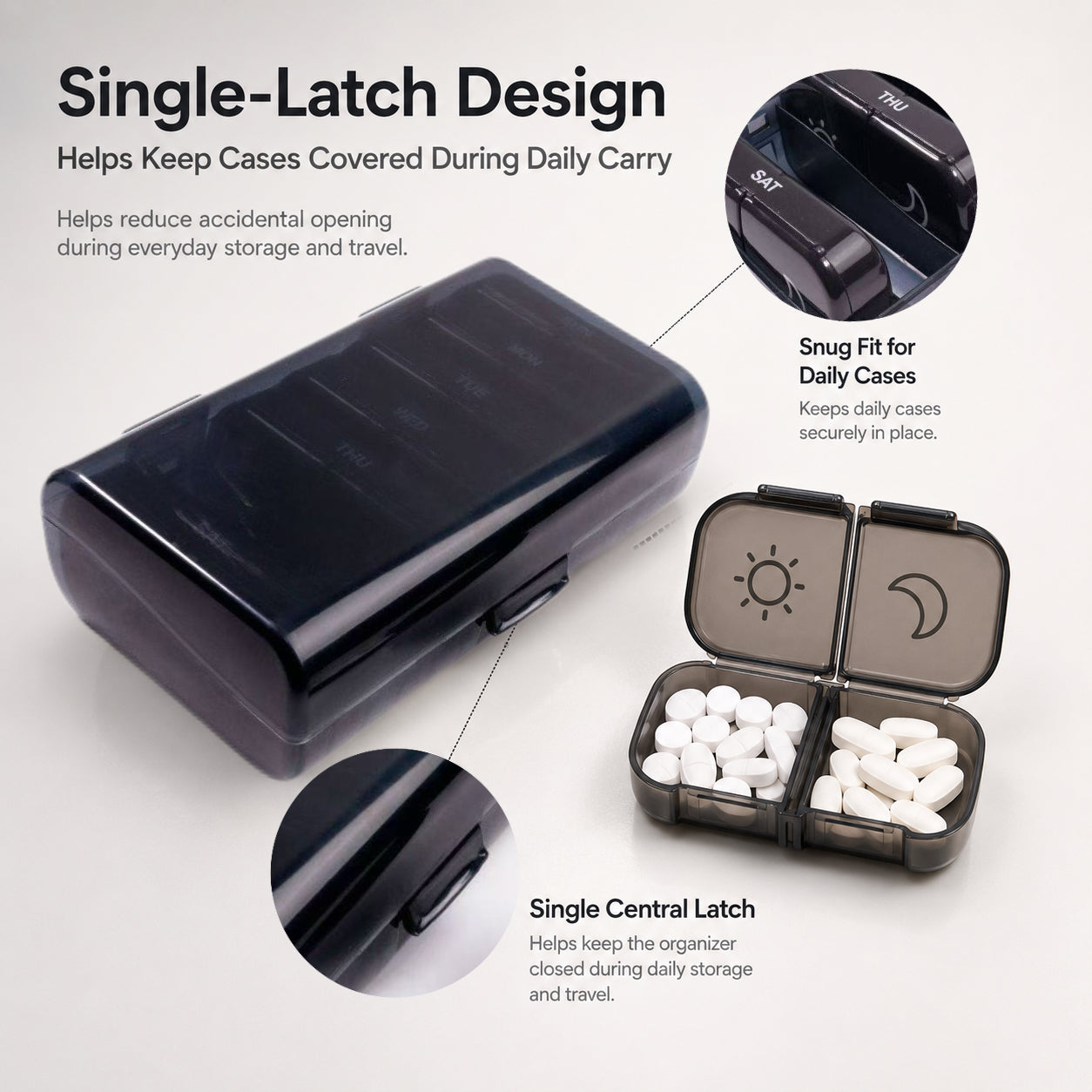 UNTIOR weekly pill organizer with a single central latch that helps keep daily cases covered during normal daily carry.