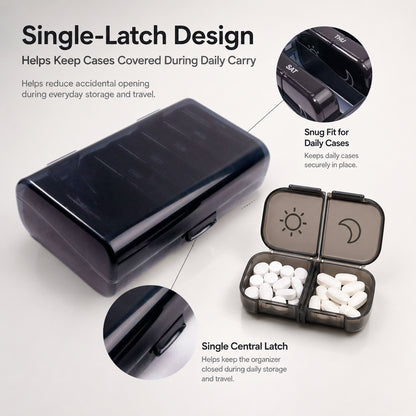 UNTIOR weekly pill organizer with a single central latch that helps keep daily cases covered during normal daily carry.