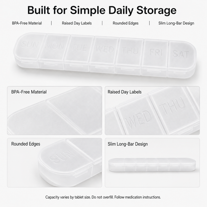 UNTIOR slim 7-day pill organizer detail view showing BPA-free material, raised SUN–SAT day labels, rounded edges, and compact long-bar design for daily tablet and supplement storage.