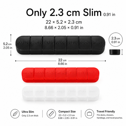 UNTIOR slim 7-day weekly pill organizer size guide showing 22 cm length, 5.2 cm width, and 2.3 cm height for compact pill storage in desks, drawers, handbags, and travel pouches.