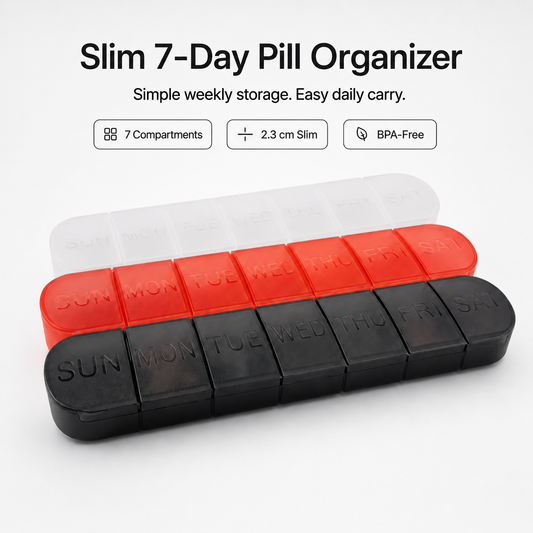 UNTIOR slim 7-day weekly pill organizer in black, red, and white, featuring 7 SUN–SAT compartments, BPA-free material, and a compact long-bar design for tablets, vitamins, supplements, home, work, and travel.