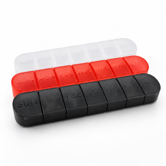 UNTIOR slim 7-day weekly pill organizer in black, red, and white, featuring 7 SUN–SAT compartments, BPA-free material, and a compact long-bar design for tablets, vitamins, supplements, home, work, and travel.