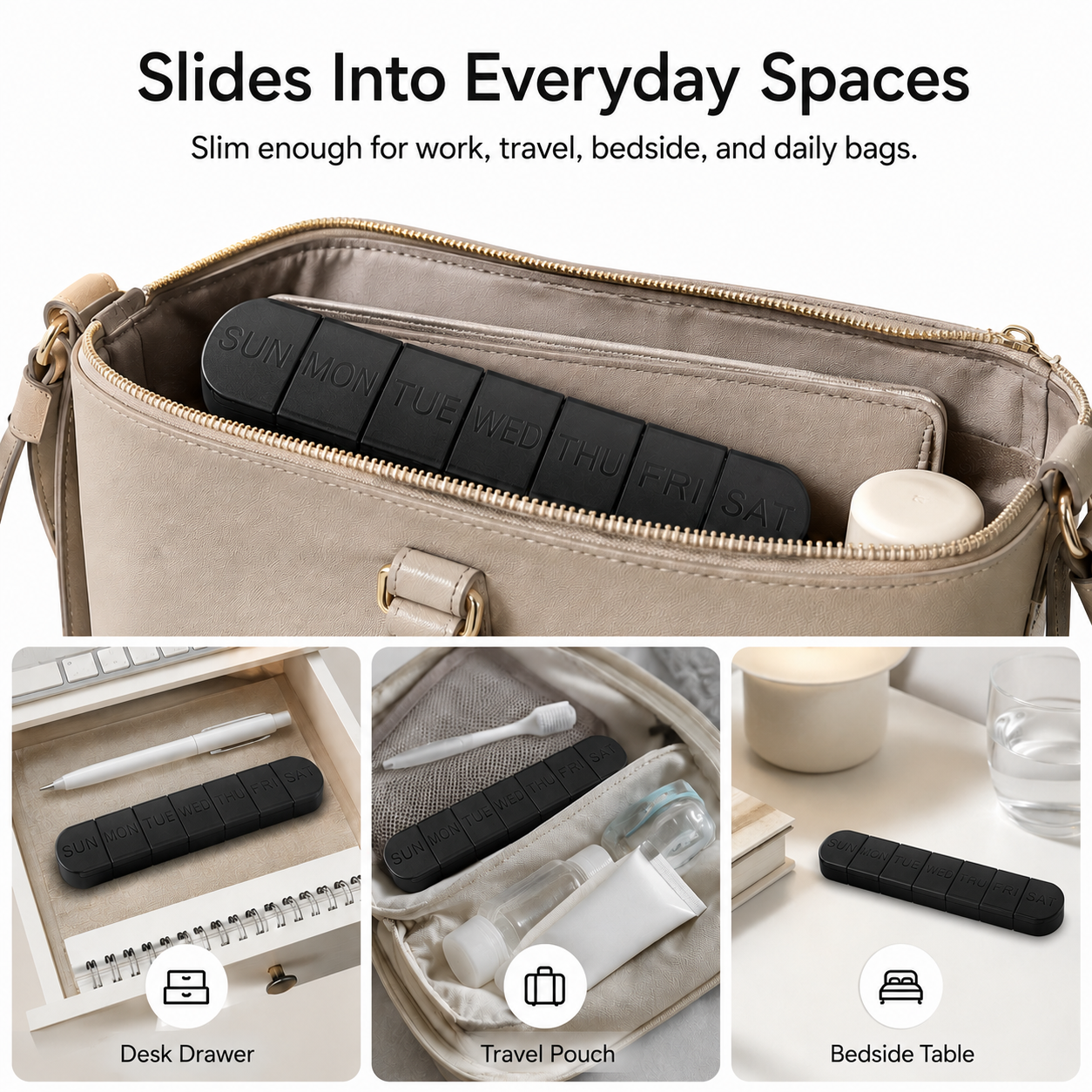 UNTIOR slim weekly pill organizer placed in a daily bag, desk drawer, bedside area, or travel pouch, designed for compact work, home, and travel-friendly pill care routines.