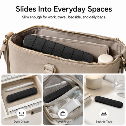UNTIOR slim weekly pill organizer placed in a daily bag, desk drawer, bedside area, or travel pouch, designed for compact work, home, and travel-friendly pill care routines.