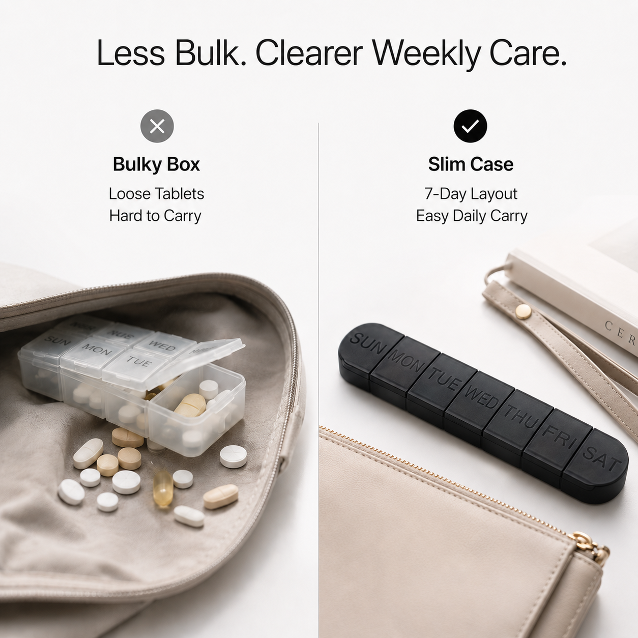 Comparison of a bulky pill box and the UNTIOR slim 7-day weekly pill organizer, showing a compact long-bar design, 7 daily compartments, and easier storage for work, travel, and daily bags.