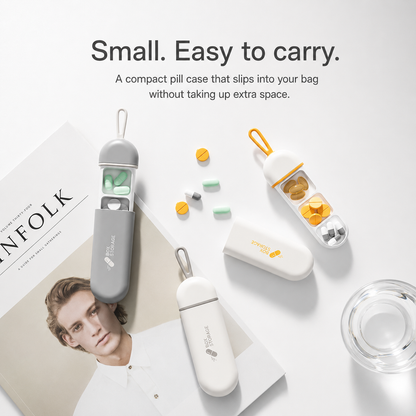 UNTIOR small easy-to-carry pull-out pill case in a clean lifestyle flat lay with closed and open cases for everyday bag use.