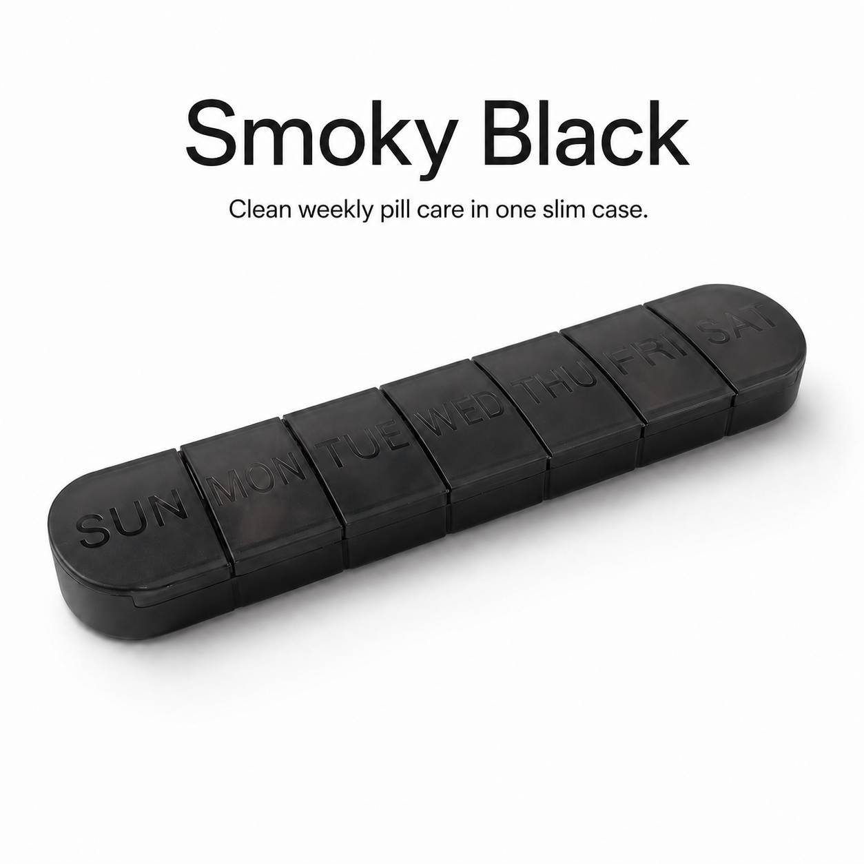 UNTIOR smoky black slim 7-day weekly pill organizer with SUN–SAT compartments, BPA-free compact pill box design, and travel-friendly storage for tablets, vitamins, and supplements.