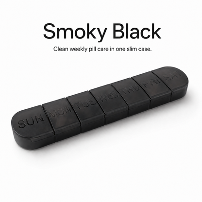 UNTIOR smoky black slim 7-day weekly pill organizer with SUN–SAT compartments, BPA-free compact pill box design, and travel-friendly storage for tablets, vitamins, and supplements.