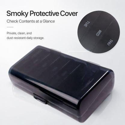 Smoky protective cover on the UNTIOR weekly pill organizer keeps daily cases covered while allowing contents to remain visible.