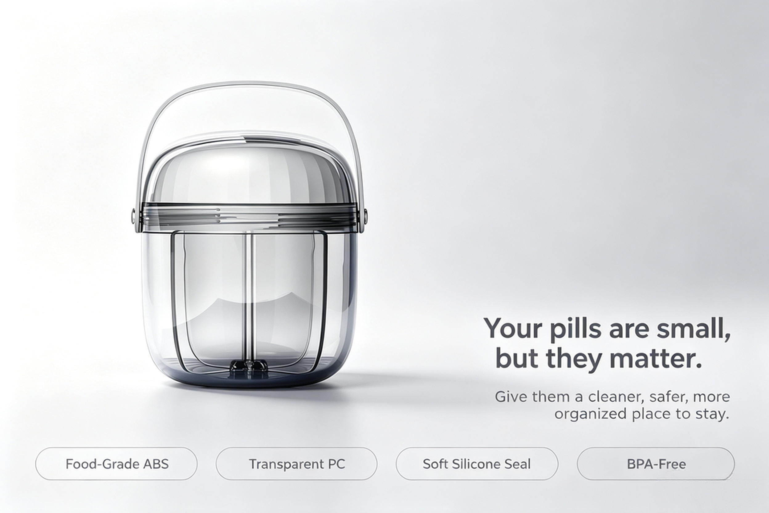 Transparent space capsule pill organizer with BPA-free food-grade ABS PC material, portable travel vitamin storage box
