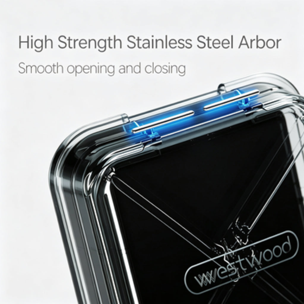 Close-up of UNTIOR pill organizer high strength stainless steel arbor, durable hinge for smooth long-term opening and closing