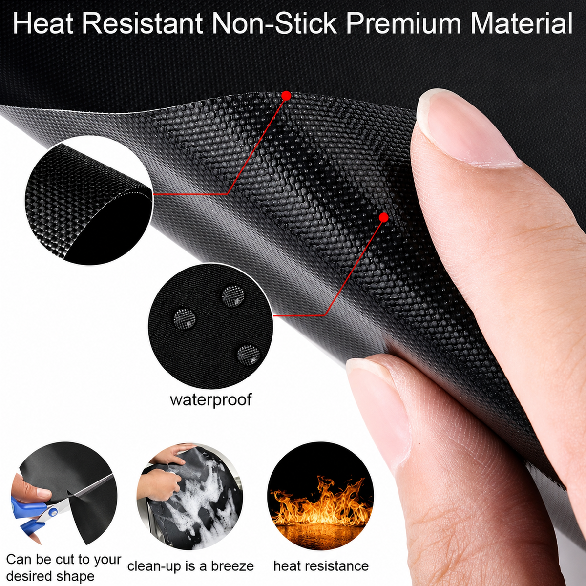 Close-up of UNTIOR Teflon-coated fiberglass grill mat showing a flexible non-stick surface, heat-resistant construction and cut-to-fit design.