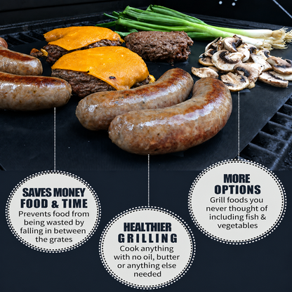 UNTIOR reusable Teflon grill mat used with burgers, sausages, mushrooms and vegetables to create a continuous cooking surface on a barbecue grill.