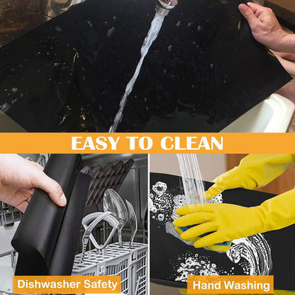UNTIOR reusable Teflon grill mat being rinsed and hand washed after cooking to show easy everyday cleanup.