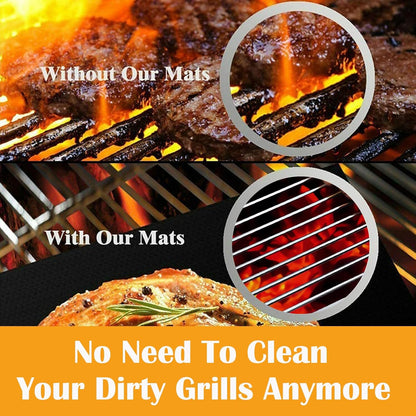 Comparison of grilling with and without an UNTIOR Teflon grill mat, showing a more contained cooking surface and less food residue on the grill grates.