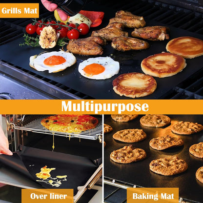 UNTIOR multipurpose Teflon cooking mat shown for grilling, oven-lining and compatible baking applications with meat, eggs, pizza and cookies.
