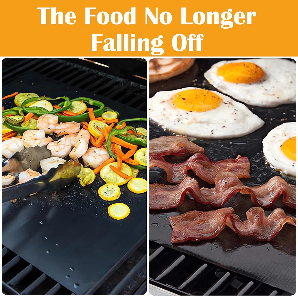 UNTIOR non-stick Teflon grill mat supporting vegetables, shrimp, eggs and bacon to help keep smaller foods from falling through grill grates.