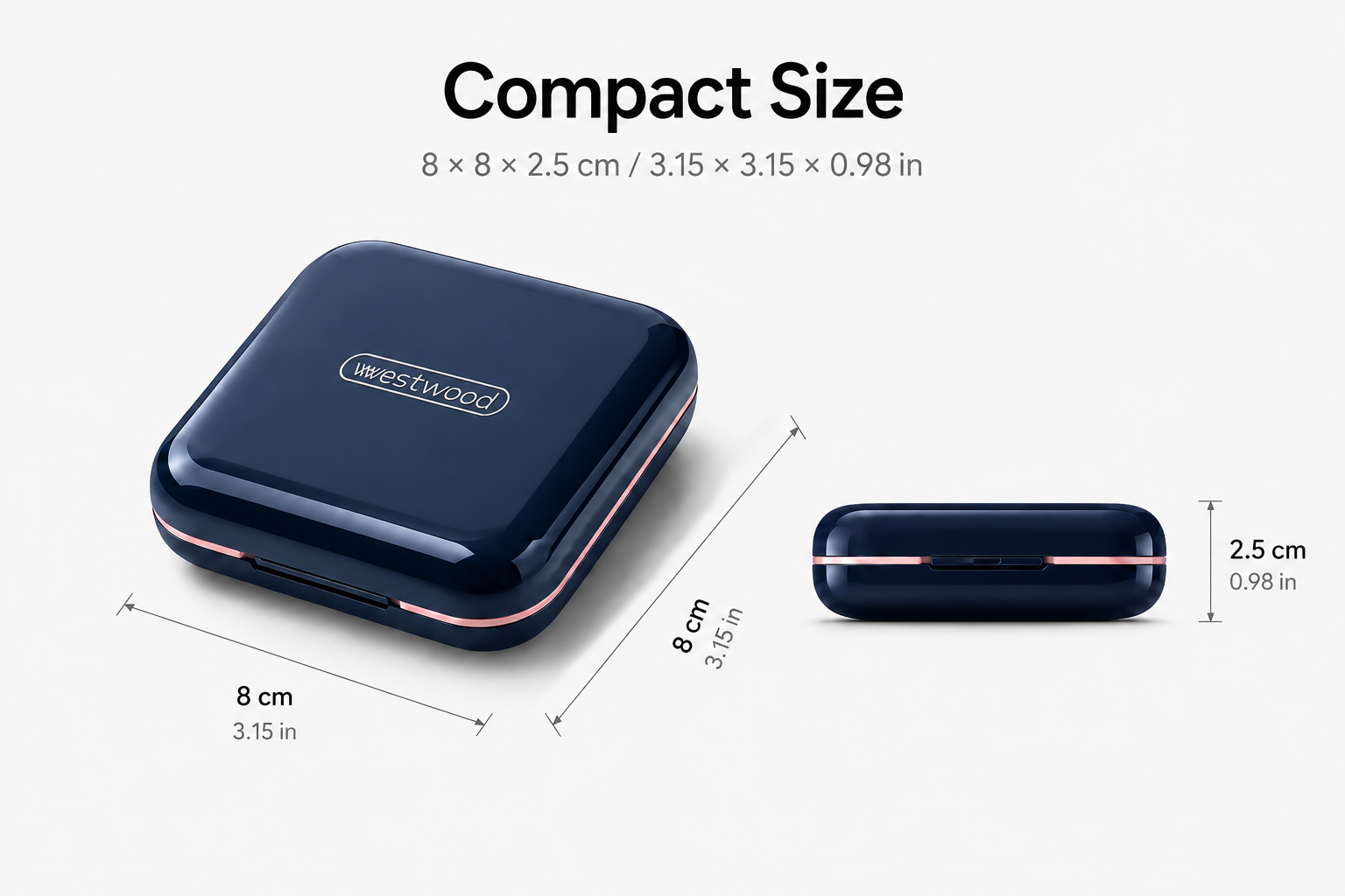 UNTIOR travel pill organizer size guide, long version, dimensions 8 x 8 x 2.5 cm (3.15 x 3.15 x 0.98 in), compact square pill case for travel.