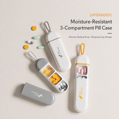 UNTIOR upgraded moisture-resistant 3-compartment pull-out pill case with silicone sealing ring, hanging loop design, and compact daily storage.