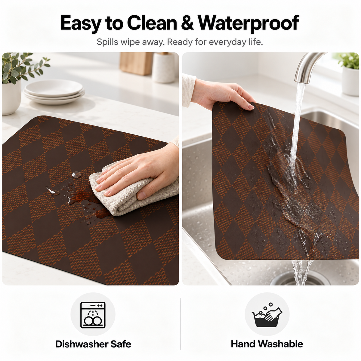 Brown patterned silicone placemat being wiped clean and rinsed under running water for easy everyday care.