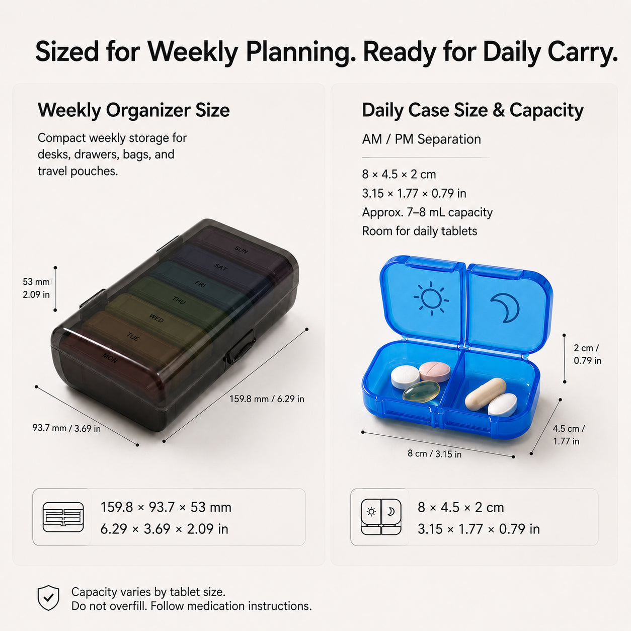 UNTIOR BPA-Free Color-Coded 14-Compartment Weekly Pill Organizer with Removable AM/PM Daily Cases