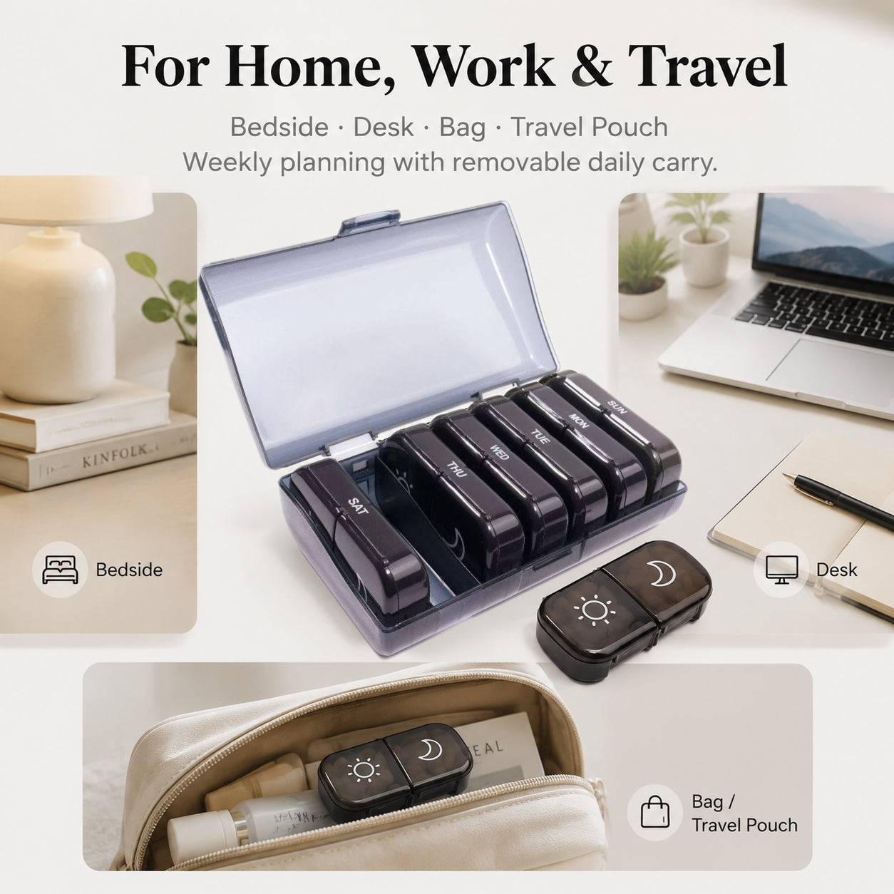 UNTIOR weekly pill organizer for home, work, travel, bedside, desk, drawer, and daily bag storage routines.