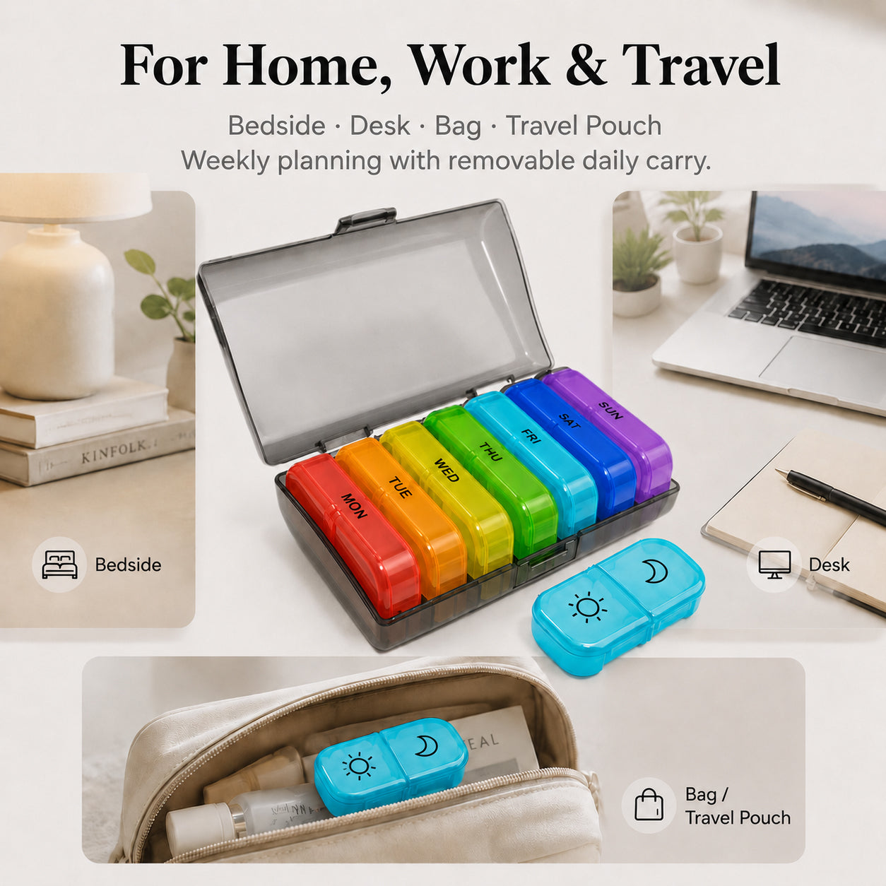 UNTIOR BPA-Free Color-Coded 14-Compartment Weekly Pill Organizer with Removable AM/PM Daily Cases