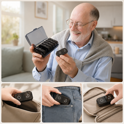 Elderly man holding UNTIOR 14-compartment weekly pill organizer with removable AM/PM daily case, shown with daily carry scenes for bag, pocket, and travel pouch use.
