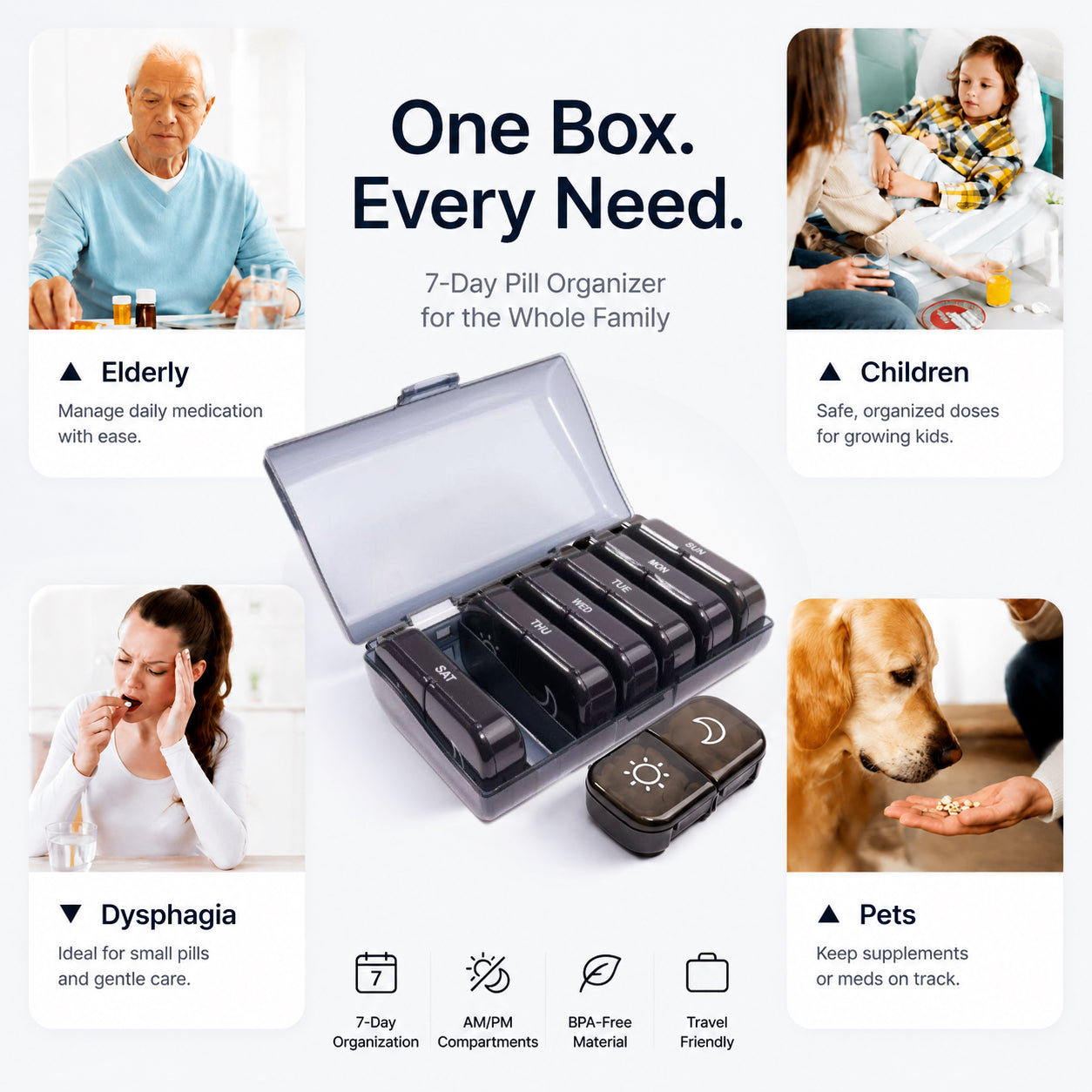 UNTIOR weekly pill organizer for seniors, adults, caregiver-managed kids care, dysphagia support routines, and pet medication organization.