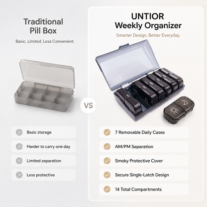 Comparison between a traditional pill box and the UNTIOR weekly pill organizer with removable daily AM/PM cases and smoky protective cover.