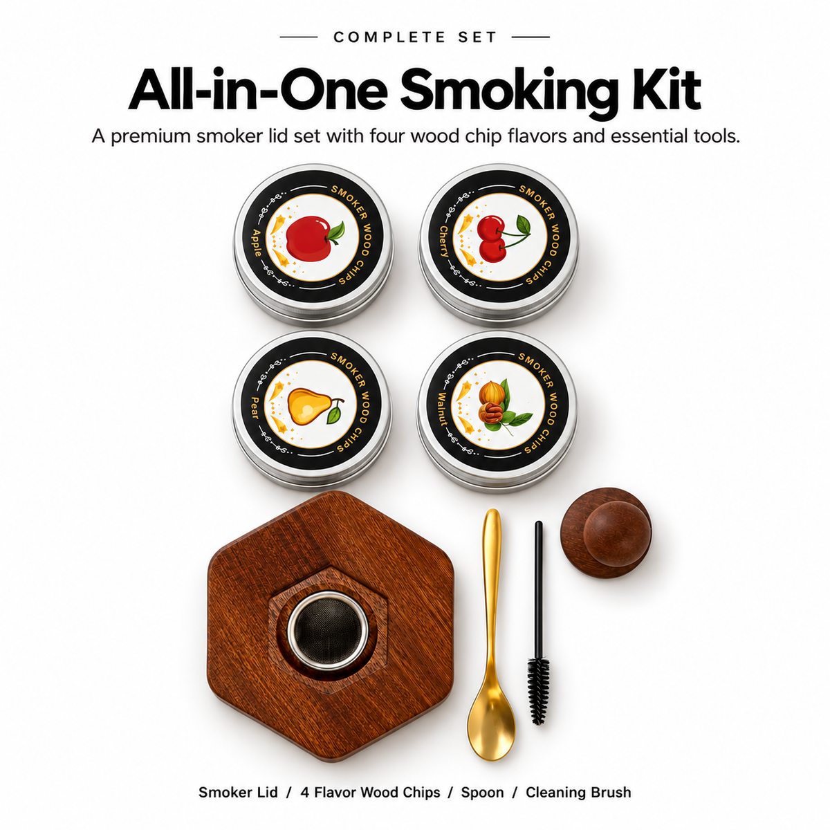 UNTIOR complete whiskey smoker kit with hexagonal wooden smoker lid, four wood chip flavors, spoon and cleaning brush.
